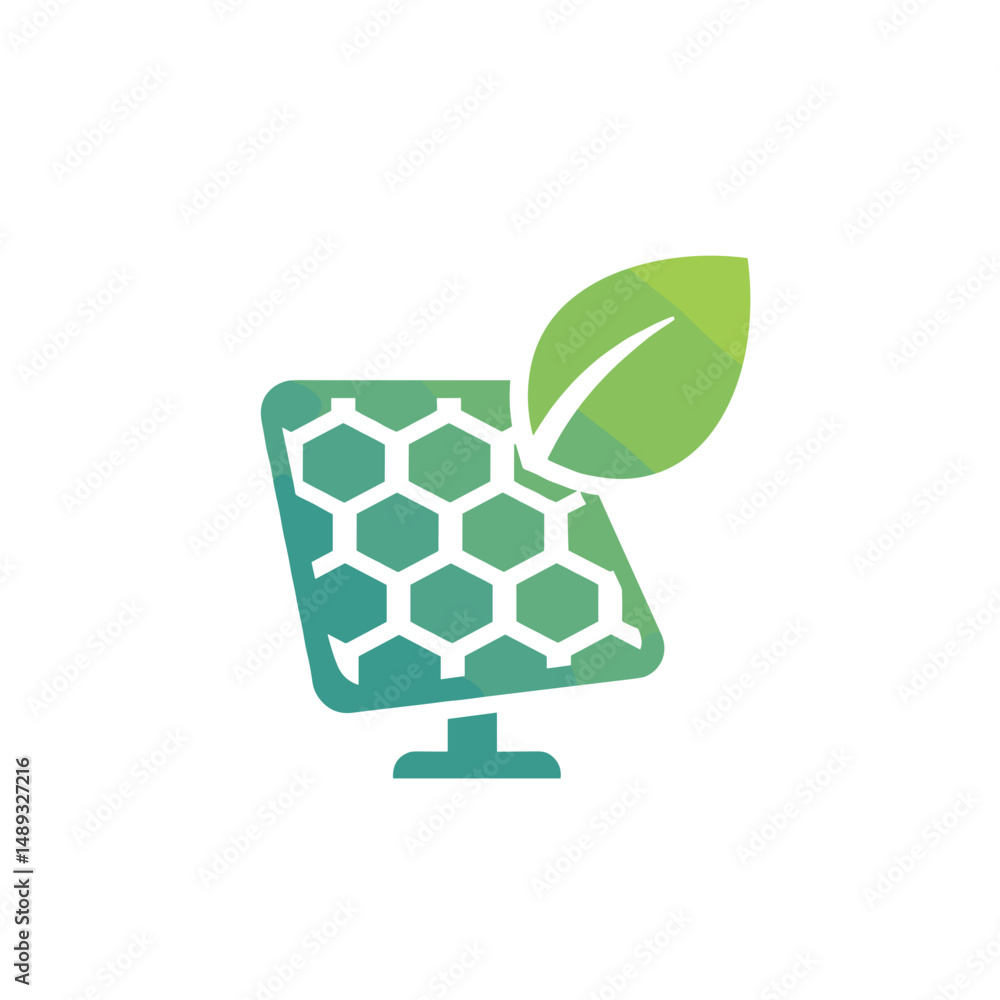 Poster green technology icon featuring hexagonal pattern and leaf