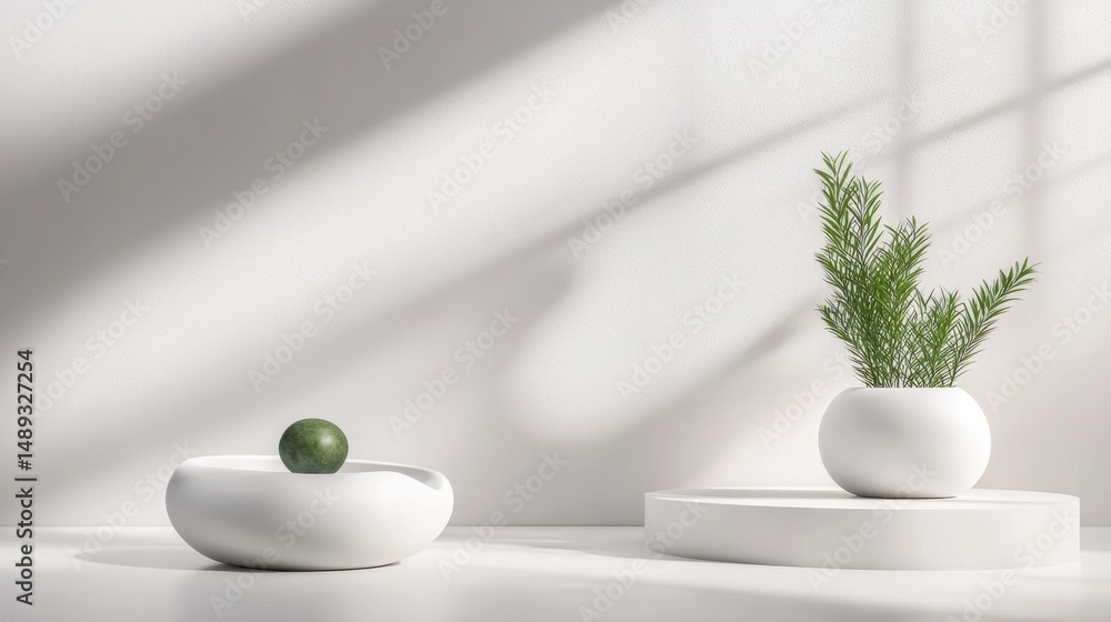 Poster abstract 3d geometry in all-white setting with clean podium and soft shadows
