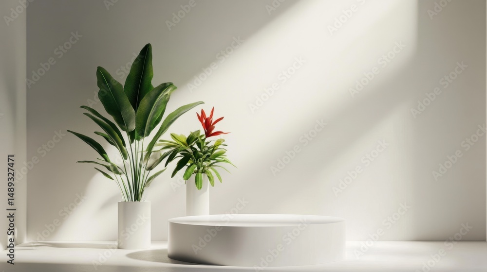 Poster abstract 3d geometry in all-white setting with clean podium and soft shadows