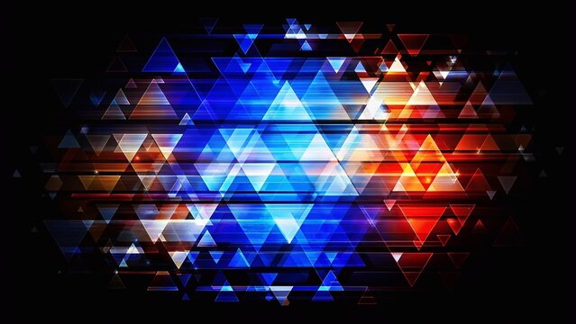 Abstract digital glitch art with vibrant horizontal streaks and geometric shapes in blue, orange, and white on a black background.