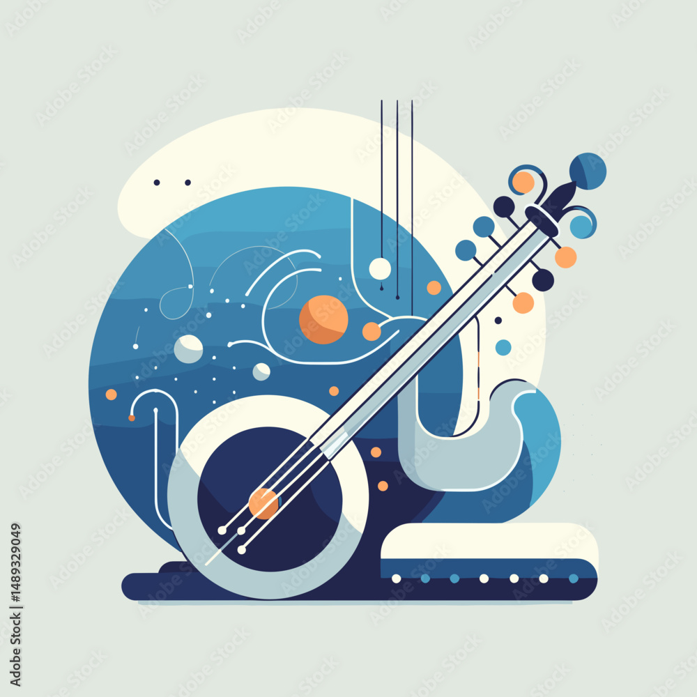 Poster abstract illustration of a banjo with colorful circular patterns