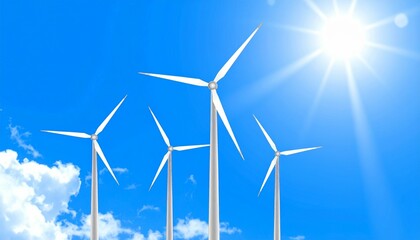 Fototapeta premium Wind turbines generating renewable energy against a bright blue sky with scattered clouds.