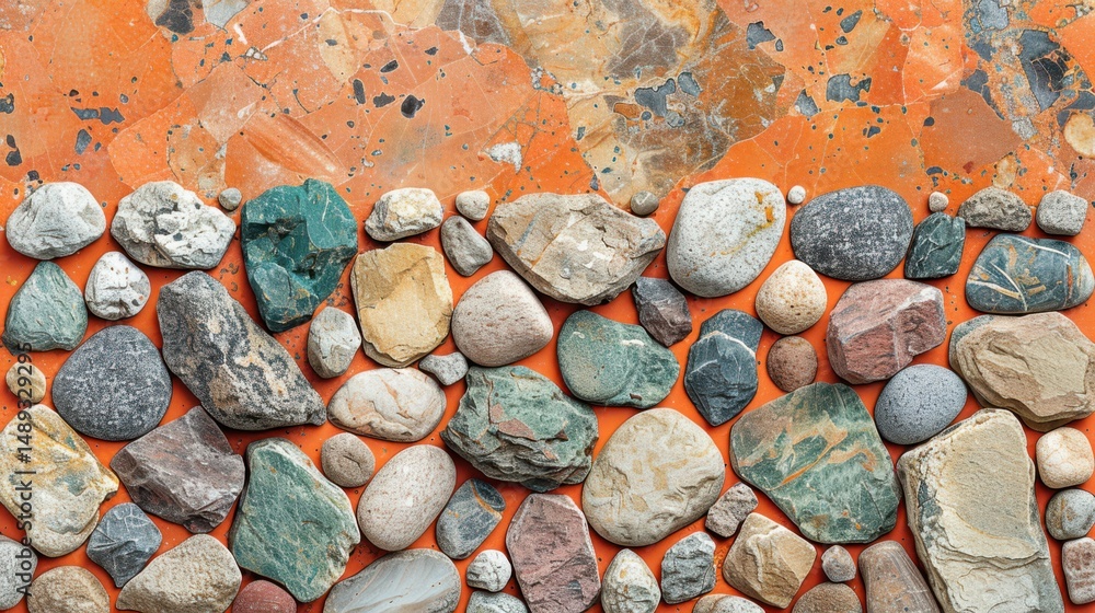 Poster Seamless orange terrazzo background with smooth embedded stones in neutral colors creating a refined abstract pattern