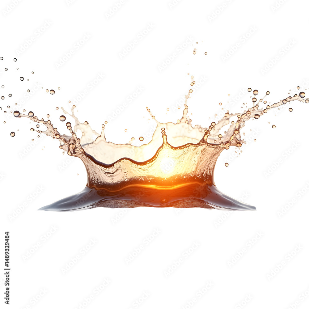 Poster golden liquid splash captured with a sunburst effect and precise focus in a macrophotographed compos