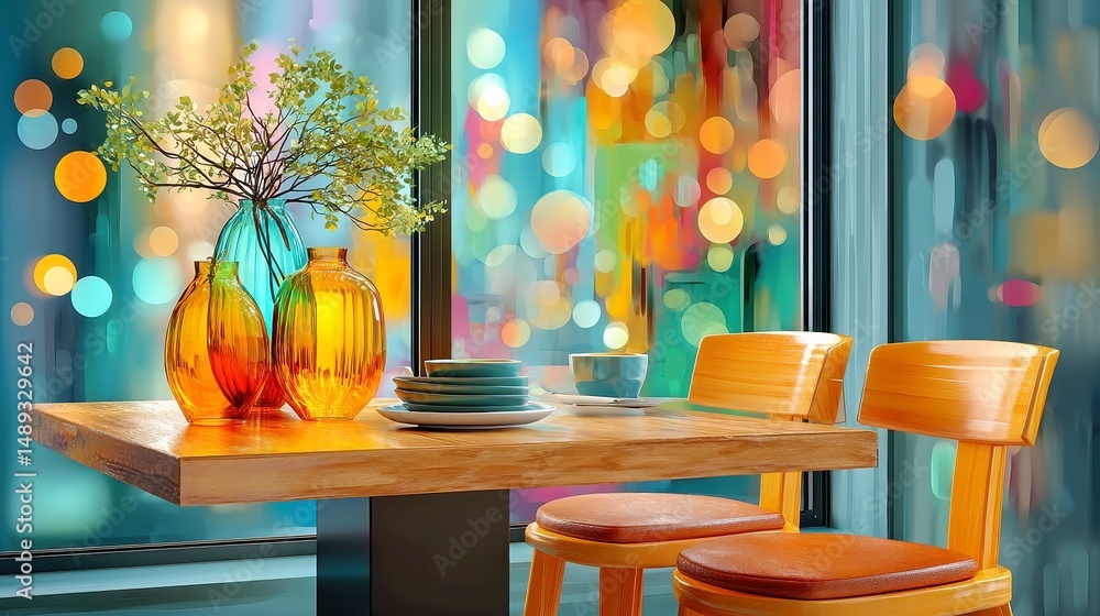 Poster amber serenity, minimalistic cafe ambiance, soft blurred backdrop, warm hues, abstract light pattern