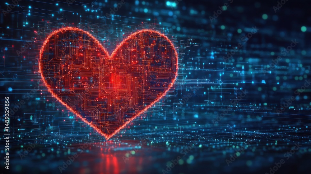 Aufkleber glowing red digital heart surrounded by blue circuit lines and data points symbolizing technology an