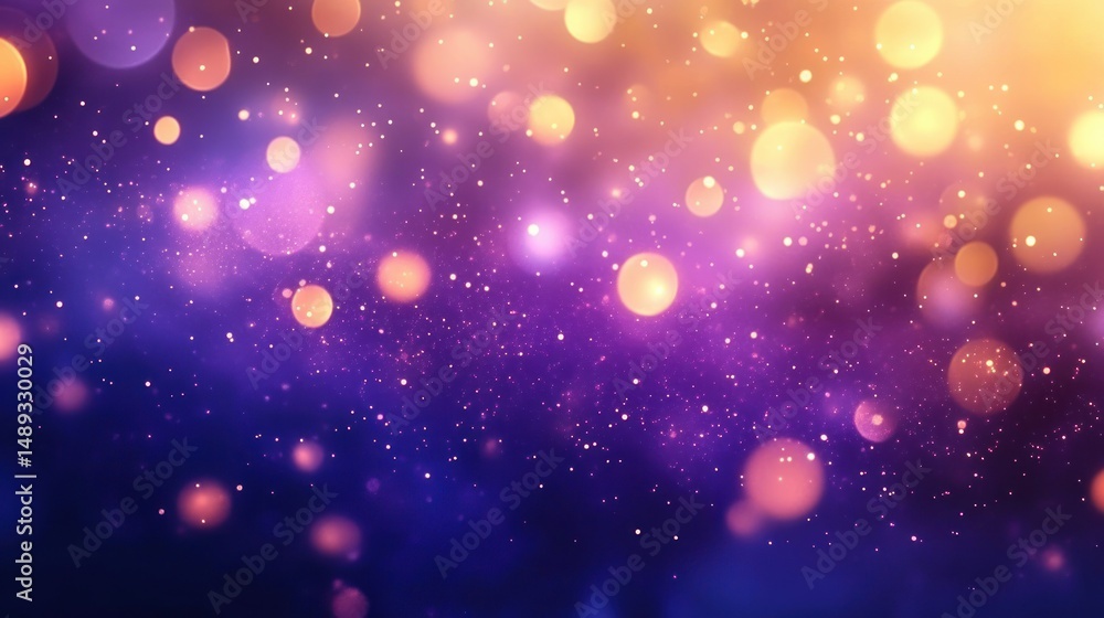 Poster glowing golden and purple bokeh lights with sparkling particles creating a dreamy and magical atmosp