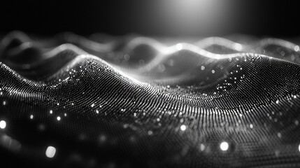 Abstract grayscale landscape of undulating particles, illuminated by a soft light.  Detailed texture