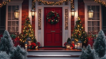 Festive front porch with red door, decorated Christmas wreath, lit Christmas trees, garlands, lanterns, poinsettias, and snowy evergreen bushes creating warm holiday ambiance