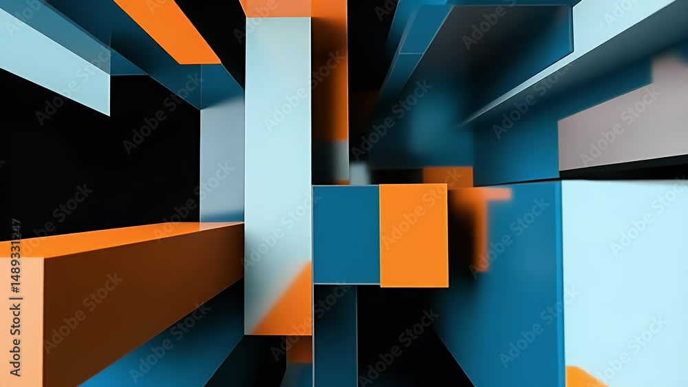 Poster a 3d-rendered abstract space with blue and orange walls, featuring geometric shapes and a sense of d