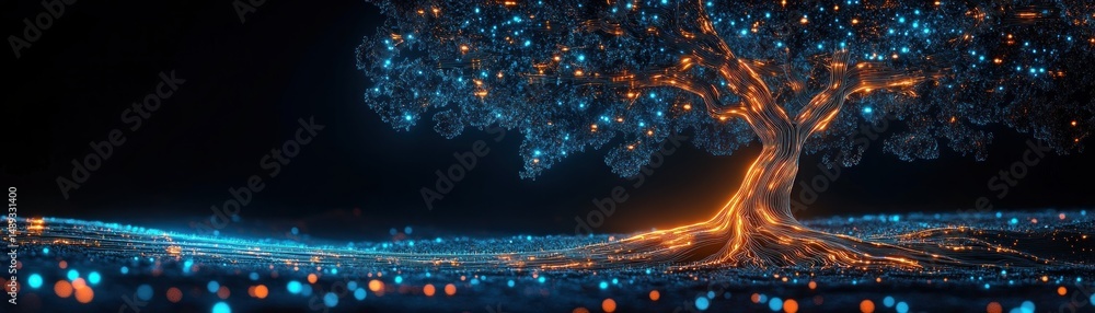 Poster futuristic glowing tree with blue and orange light patterns illuminating its branches and roots in a