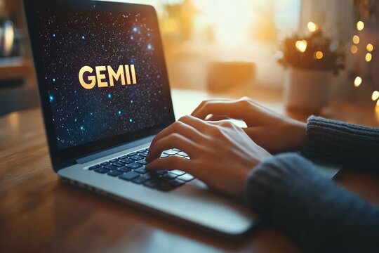 Person typing on laptop keyboard with starry space background and text on screen in cozy warm indoor setting with soft natural light