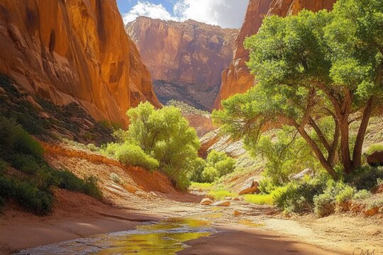 Sunlit rocky canyon with green trees along a dry sandy riverbed under a partly cloudy blue sky