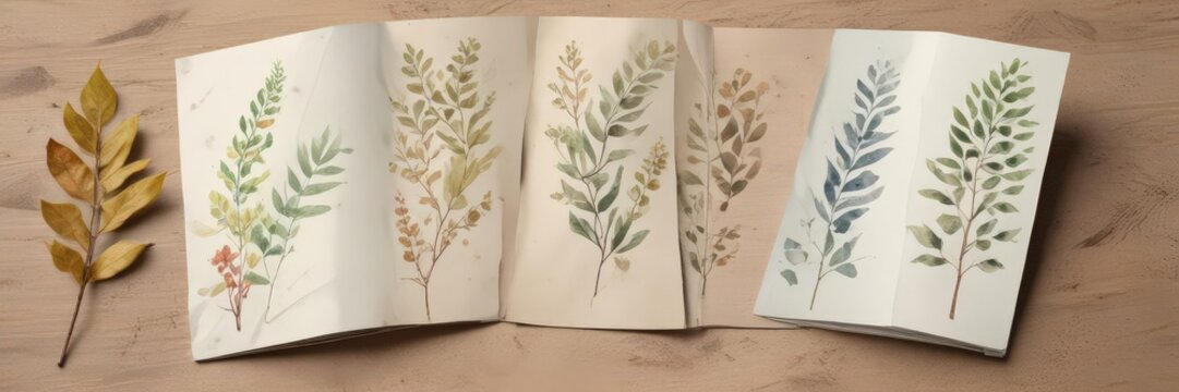 Watercolor painted leaves & branches, rustic bifold pamphlet mockup, vintage, program