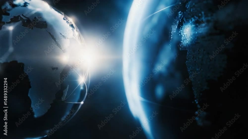 Aufkleber global connection: a compelling visual narrative of interconnectedness, as two illuminated globes fa