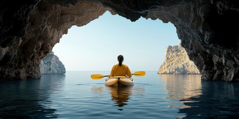 Kayaking Adventure Concept A person kayaking through a cave opening into a serene body of water.