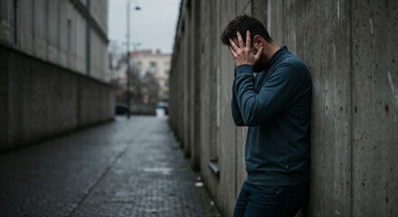 Young man holding his head while standing against a concrete wall  