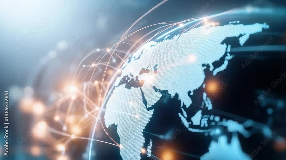 Poster global connectivity: visualize a network of interconnected nodes weaving across a softly illuminated
