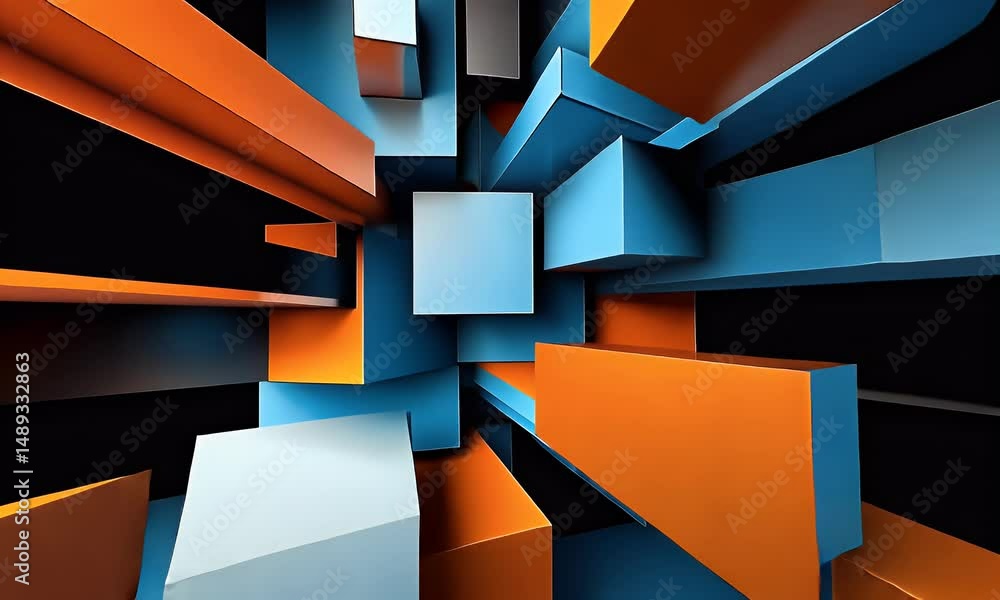 Poster a 3d-rendered abstract space with blue and orange walls, featuring geometric shapes and a sense of d