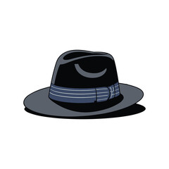 Classic Fedora Hat: A stylish black fedora hat with a dark grey brim and a blue striped band.  Perfect for adding a touch of vintage sophistication to your designs.