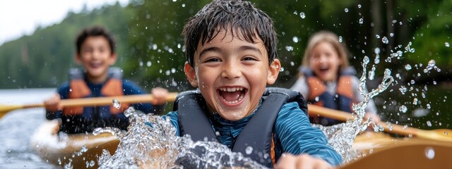 Kayaking Adventure Concept Joyful children kayaking, splashing water, and enjoying a fun outdoor adventure in a natural setting.
