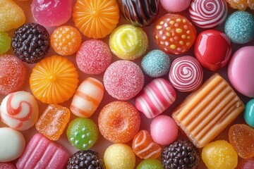 Fototapeta premium A close-up assortment of colorful round and shaped candies with various textures including smooth, sugar-coated, striped, and dotted surfaces creating a vibrant and playful visual