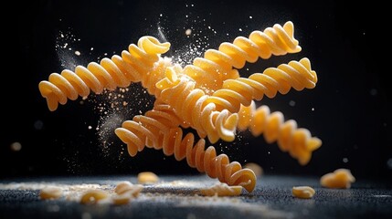 Naklejka premium Close-up of yellow spiral pasta pieces suspended mid-air with scattered flour particles against a dark background