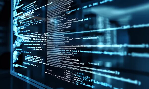  A close-up of an advanced computer screen displaying complex code, with blue and white lines representing data flow. The background is dark to highlight the glowing screen saver effect on display.