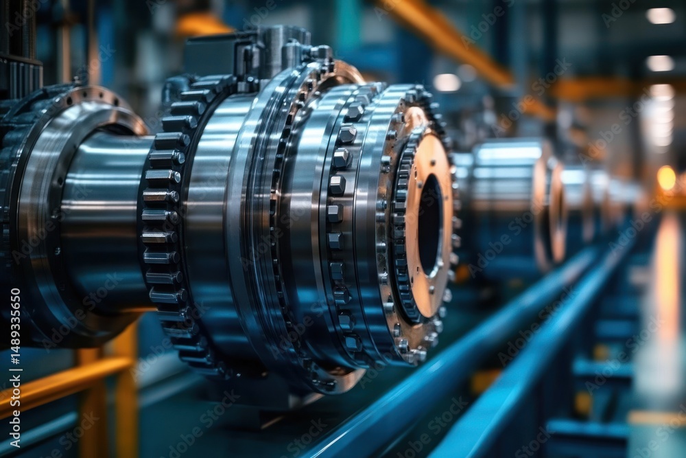 Poster close-up of shiny metal industrial gears and mechanical parts aligned in a factory setting with a fo