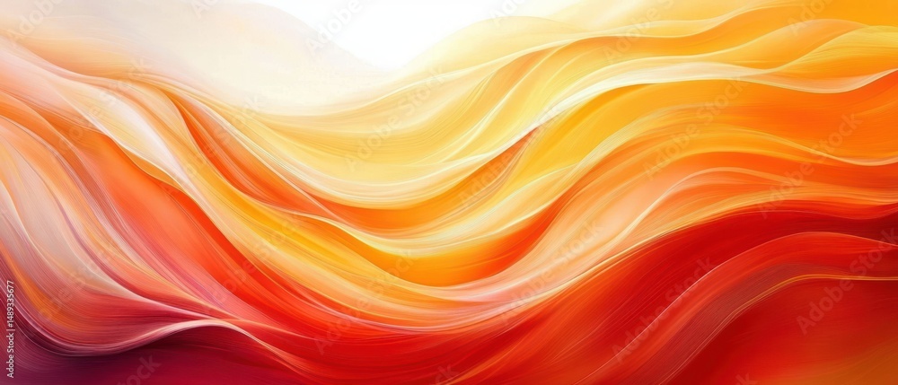 Poster abstract flowing waves in warm colors transitioning from deep red to bright yellow and soft white, e