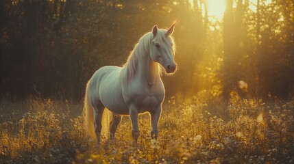 Majestic unicorn in golden meadow