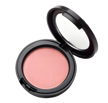 A close-up shot of a compact blush with a mirror, showcasing its delicate pink hue and sleek black packaging.