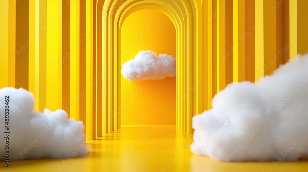 Poster abstract yellow minimal tunnel with fluffy white clouds floating toward the viewer