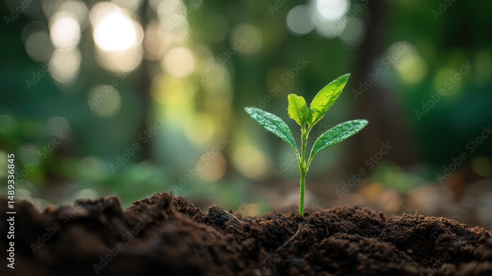 Poster fresh green seedling emerging from dark rich soil in a peaceful forest setting with soft natural lig