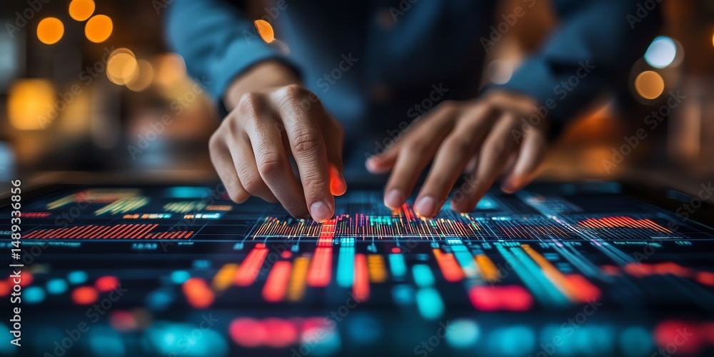 Poster hands interacting with vibrant data visualization on a sleek display