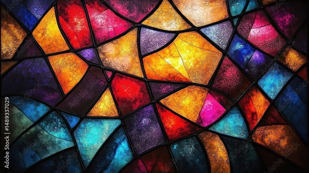 Poster abstract colorful stained glass window with irregular geometric shapes in warm and cool tones creati