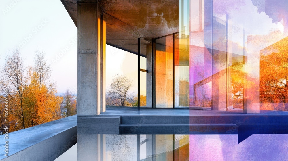 Poster architect's vision merging technical lines with autumn colors and bold art strokes