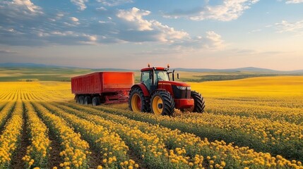 Fototapeta premium red tractor pulling a trailer through a vast field of yellow flowering plants under a blue sky with scattered clouds