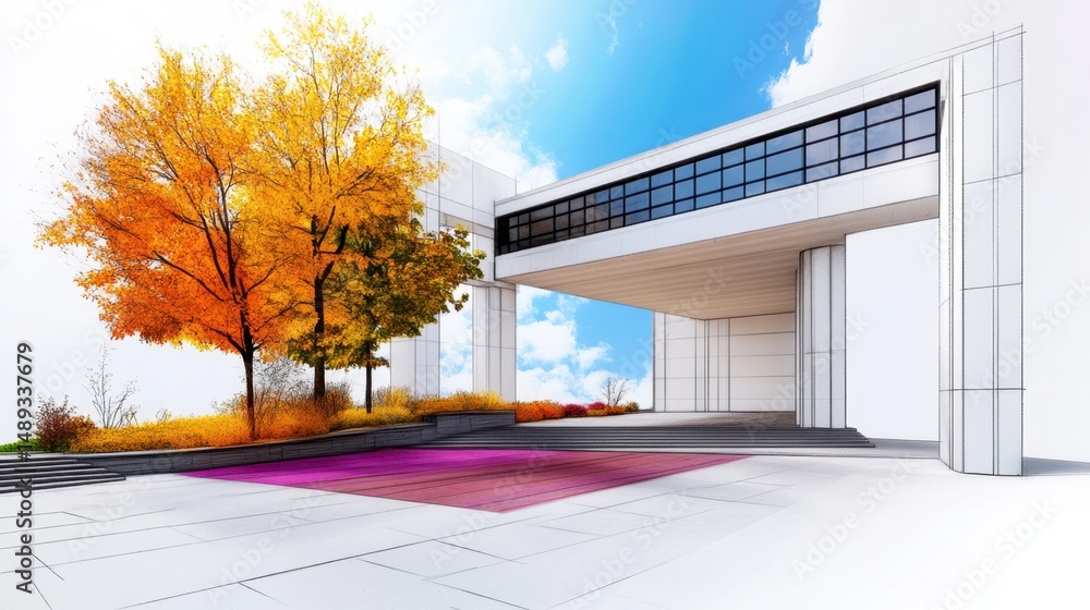 Aufkleber architectural sketch in progress with creative colorful background and fall nature elements