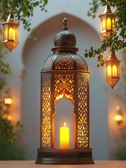 Ornate lantern, lit candle, garden setting