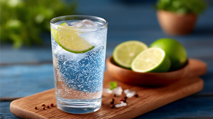 Fototapeta premium classic gin and tonic in a highball glass with a lime wedge and bubbles
