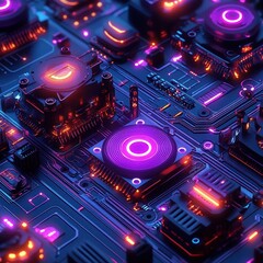 Close-up of high-tech electronic circuit board with glowing neon purple and orange lights on microchips and components, conveying advanced technology and futuristic feel