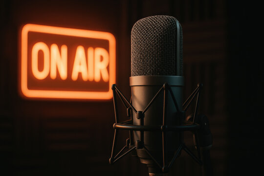 Professional microphone and on air sign in radio station studio setting