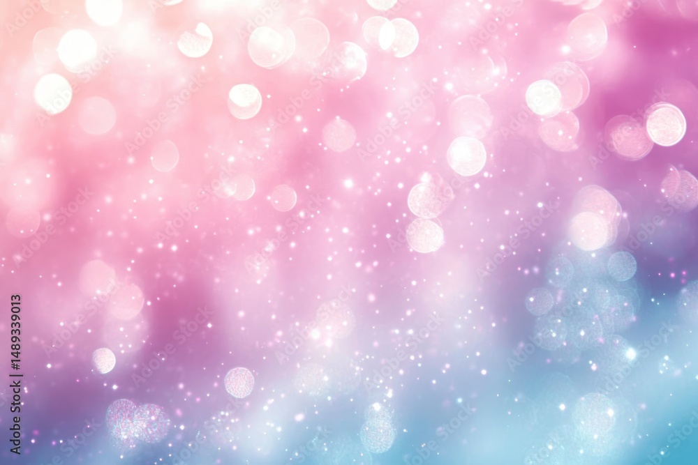 Poster soft pink and blue bokeh background with glowing light spots and sparkles creating a dreamy and magi