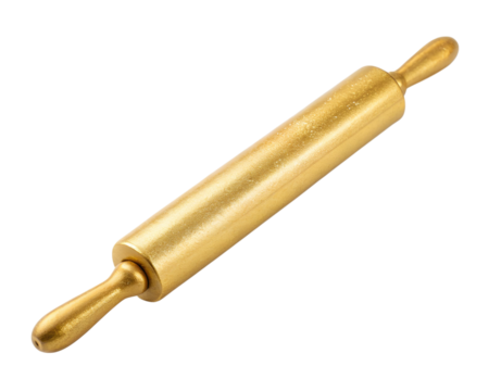 Shiny gold rolling pin for baking against a transparent background 