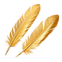 Fototapeta premium Two ornate golden feathers resting diagonally on a solid grey background art transparent background Generative AI