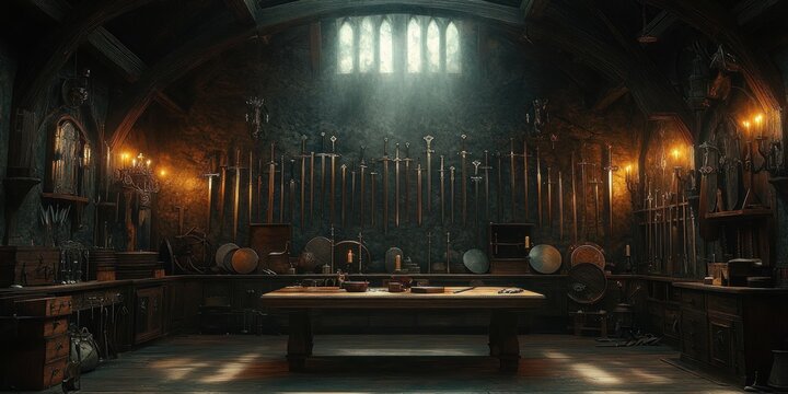 Dimly lit medieval armory room with a large wooden table in the center, walls displaying numerous swords, shields, and medieval weaponry under soft natural and candlelight