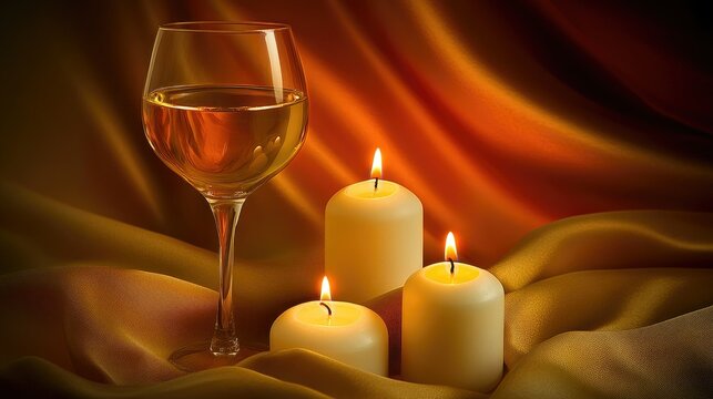 White wine with candles, and silk backdrop.