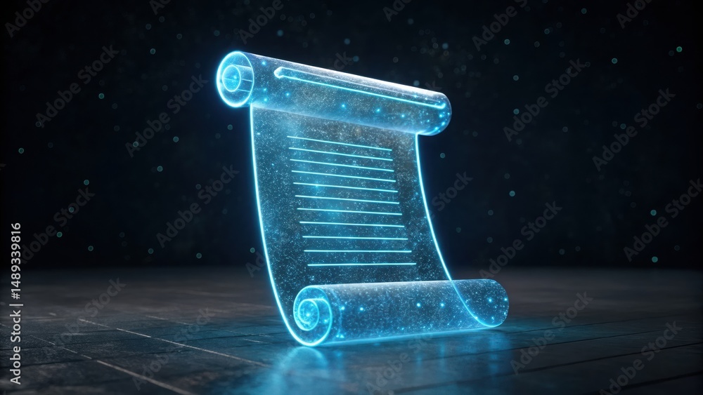 Poster a 3d holographic smart contract scroll icon hovering with a detailed paper texture and bright illumi