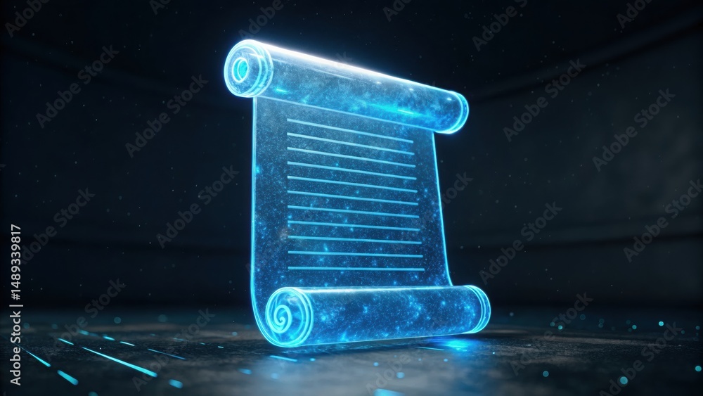 Poster a rolled up paper scroll with glowing blue lines emitting a high-tech and futuristic appearance